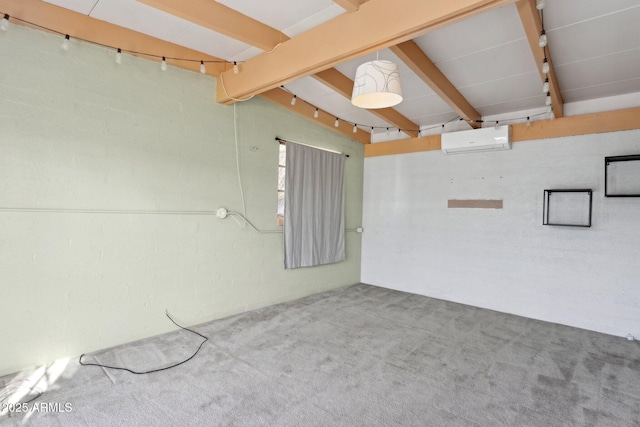 carpeted empty room with an AC wall unit, brick wall, and vaulted ceiling with beams