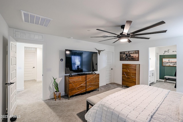 bedroom featuring carpet floors, a ceiling fan, baseboards, and visible vents