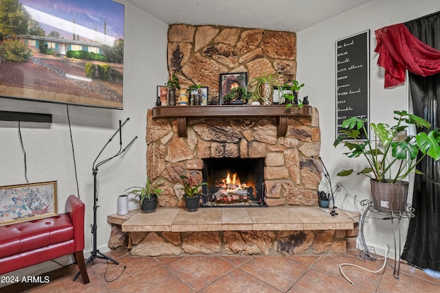 room details with tile patterned flooring and a stone fireplace