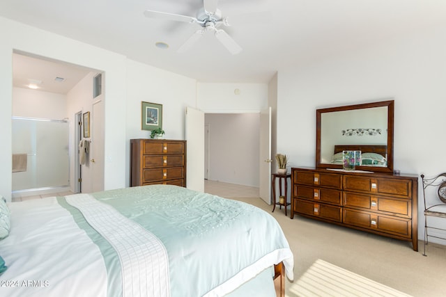 bedroom with light colored carpet and ceiling fan