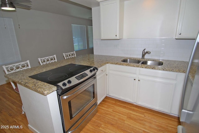 2015 E Southern Ave Unit 23, Tempe, AZ 85282 - kitchen featuring stainless steel range with electric stovetop, light wood-type flooring, a peninsula, white cabinets, and backsplash