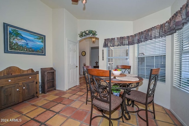 dining room with tile patterned flooring, lofted ceiling, and a wealth of natural light