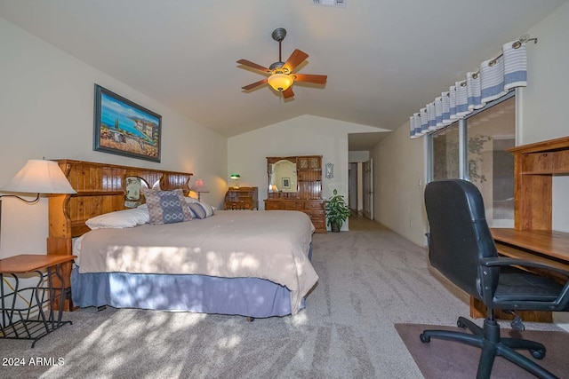 carpeted bedroom featuring ceiling fan and lofted ceiling