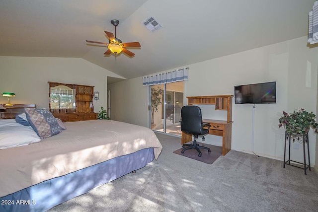 carpeted bedroom with access to outside, vaulted ceiling, and ceiling fan