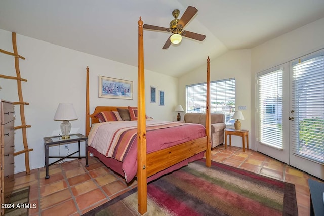 bedroom with tile patterned floors, access to exterior, ceiling fan, and lofted ceiling