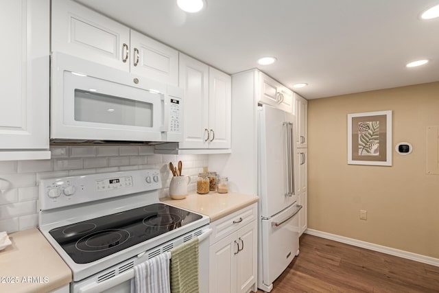 10330 W Thunderbird Blvd Unit A301, Sun City, AZ 85351 - kitchen featuring white appliances, decorative backsplash, wood finished floors, white cabinetry, and light countertops