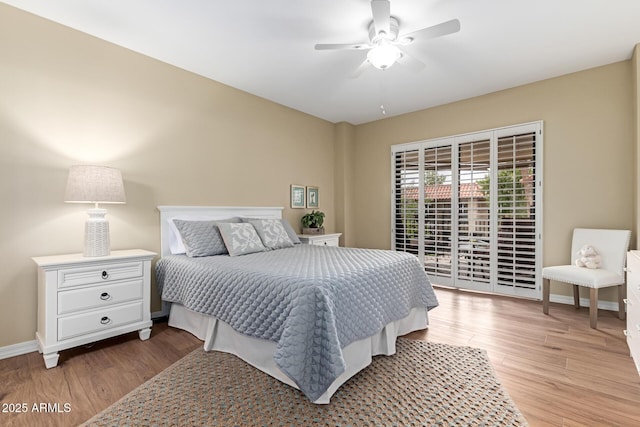 10330 W Thunderbird Blvd Unit A301, Sun City, AZ 85351 - bedroom with light wood finished floors, access to outside, baseboards, and a ceiling fan