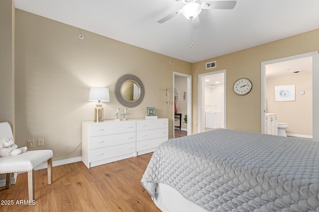 10330 W Thunderbird Blvd Unit A301, Sun City, AZ 85351 - bedroom with baseboards, light wood-style floors, ensuite bath, and a ceiling fan