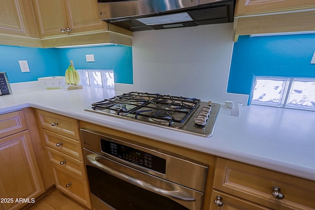 kitchen featuring stainless steel appliances, light countertops, and ventilation hood