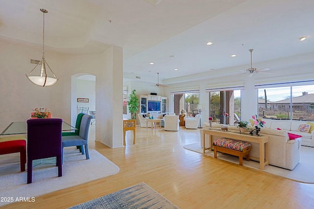 living area featuring a healthy amount of sunlight, light wood-style floors, and arched walkways