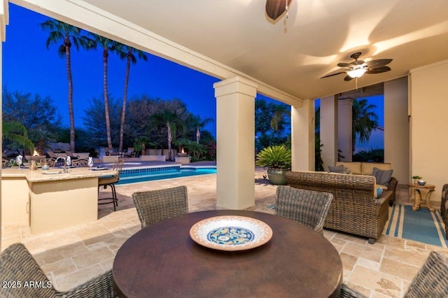 view of patio featuring an outdoor hangout area, ceiling fan, outdoor dining area, and an outdoor pool