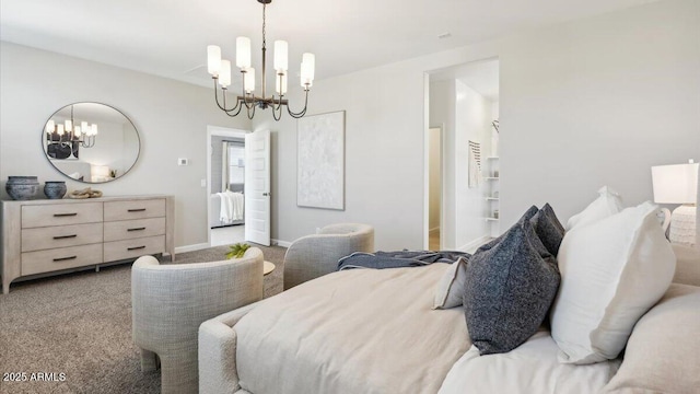 bedroom with light carpet, baseboards, and an inviting chandelier