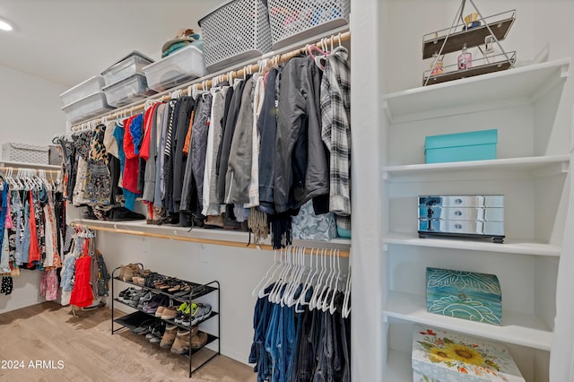 walk in closet with wood-type flooring