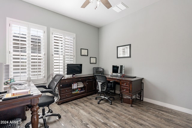 office area with hardwood / wood-style flooring, ceiling fan, and a wealth of natural light