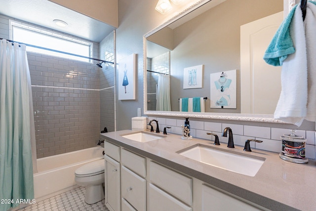 full bathroom featuring decorative backsplash, shower / bath combo, vanity, tile patterned flooring, and toilet