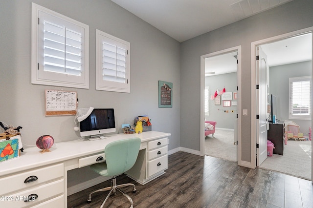 home office with dark wood-type flooring