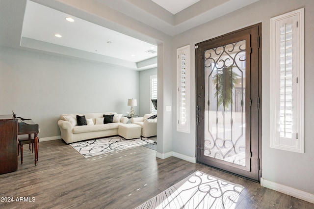 foyer entrance featuring dark hardwood / wood-style flooring and a tray ceiling