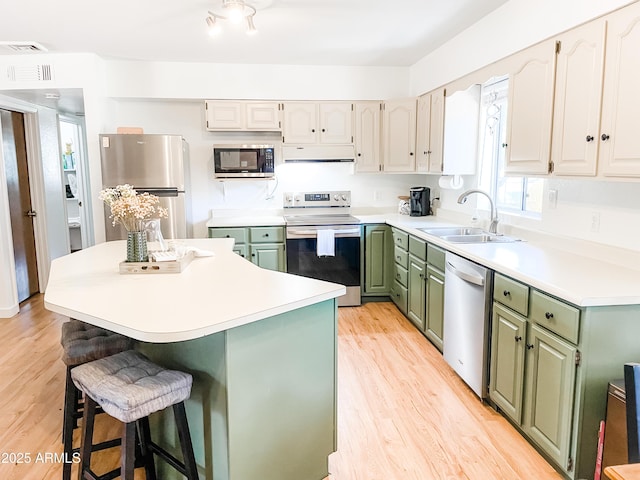 kitchen featuring green cabinetry, appliances with stainless steel finishes, sink, and white cabinets