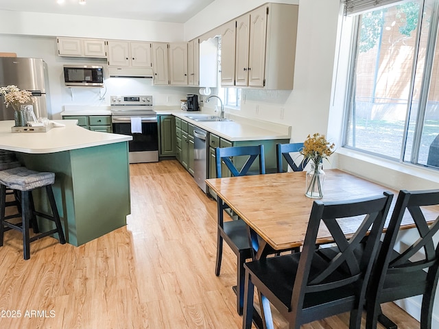 kitchen with stainless steel appliances, light hardwood / wood-style floors, sink, and a wealth of natural light