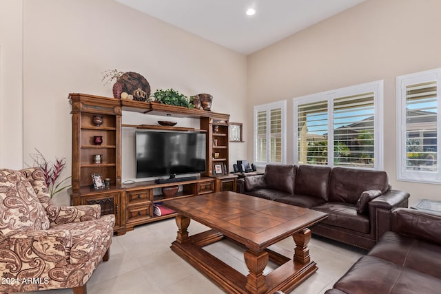 living room featuring high vaulted ceiling