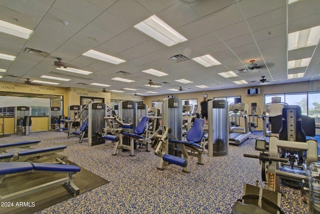 gym featuring carpet and a drop ceiling