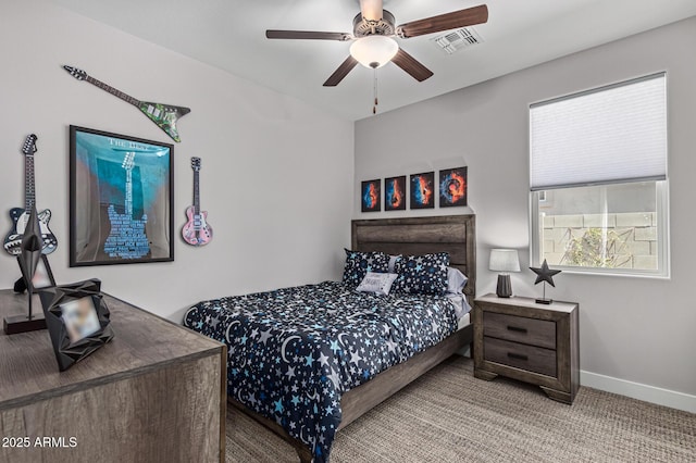 carpeted bedroom featuring ceiling fan