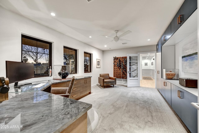 office with recessed lighting, light colored carpet, french doors, and a ceiling fan