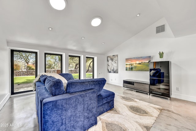 living room featuring visible vents, high vaulted ceiling, concrete floors, and baseboards