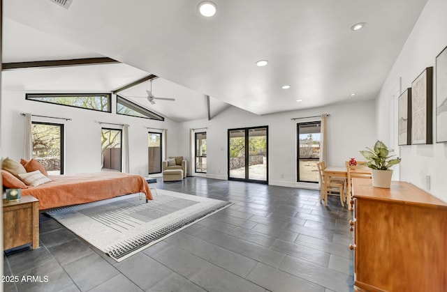 bedroom featuring recessed lighting, baseboards, access to exterior, and vaulted ceiling with beams