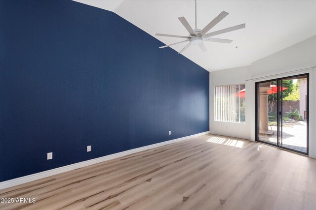 7565 N Via De La Siesta, Scottsdale, AZ 85258 - spare room with high vaulted ceiling, light wood-style flooring, ceiling fan, and baseboards