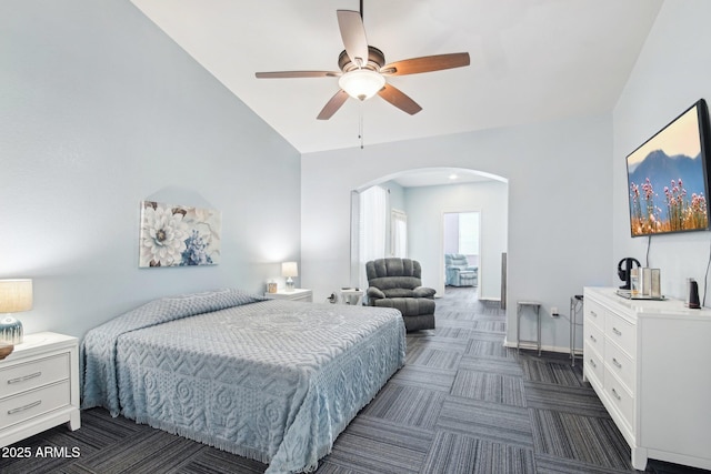 bedroom featuring lofted ceiling and ceiling fan