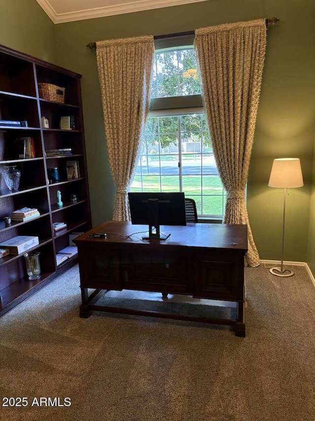 carpeted office featuring baseboards and ornamental molding