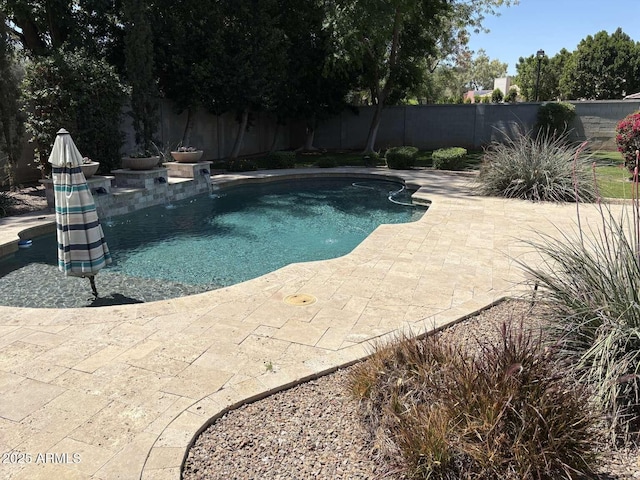 view of pool with a fenced backyard, a fenced in pool, and a patio