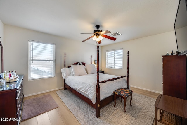 bedroom with light wood-style flooring, baseboards, and visible vents