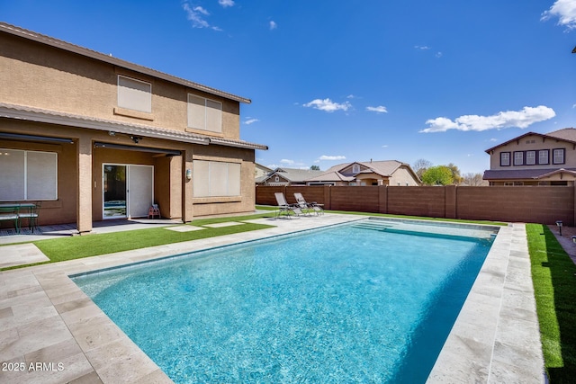 view of swimming pool featuring a fenced backyard, a fenced in pool, and a patio