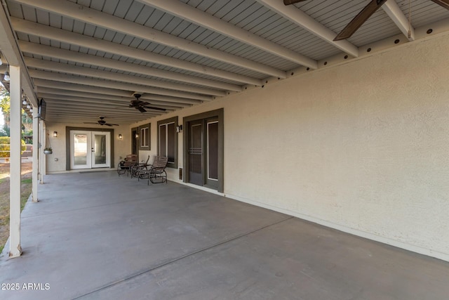 view of patio / terrace with french doors and ceiling fan