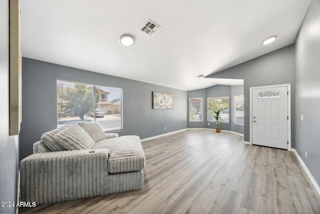 living room featuring lofted ceiling, a healthy amount of sunlight, and light hardwood / wood-style flooring