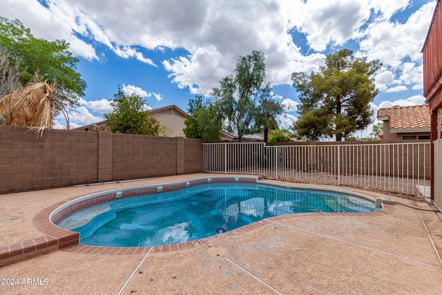 view of swimming pool with a fenced backyard, a fenced in pool, and a patio area