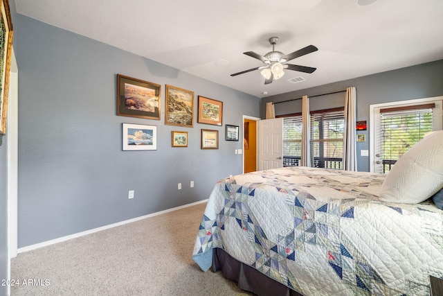 carpeted bedroom featuring access to exterior and ceiling fan