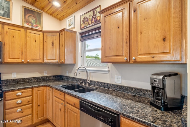 kitchen with dishwasher, lofted ceiling, dark stone counters, sink, and wood ceiling