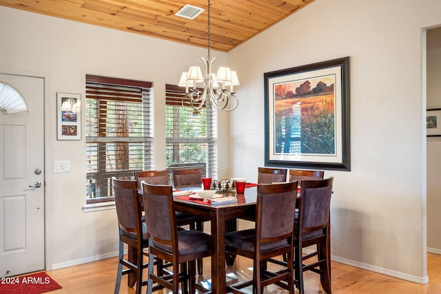 dining space featuring an inviting chandelier, wood ceiling, vaulted ceiling, and light hardwood / wood-style floors