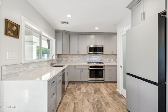 kitchen with backsplash, light hardwood / wood-style floors, stainless steel appliances, sink, and gray cabinets