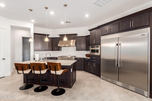 kitchen with stainless steel appliances, backsplash, hanging light fixtures, an island with sink, and sink