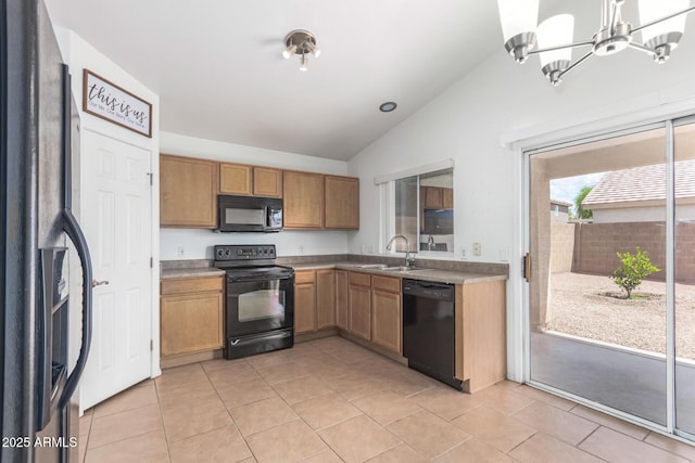 11139 W Devonshire Ave, Phoenix, AZ 85037 - kitchen with black appliances, lofted ceiling, a sink, light tile patterned floors, and light countertops