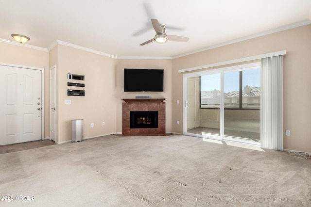 unfurnished living room featuring carpet floors and crown molding