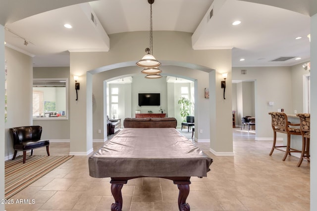 playroom with arched walkways, recessed lighting, visible vents, and baseboards