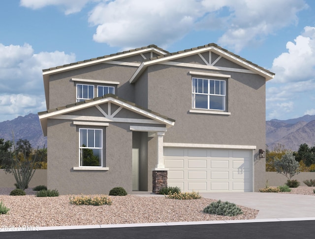craftsman inspired home with an attached garage, stucco siding, and a mountain view