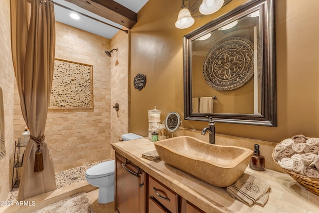 bathroom featuring vanity, toilet, and a shower with shower curtain