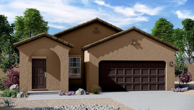 view of front of home featuring an attached garage, driveway, a tile roof, and stucco siding