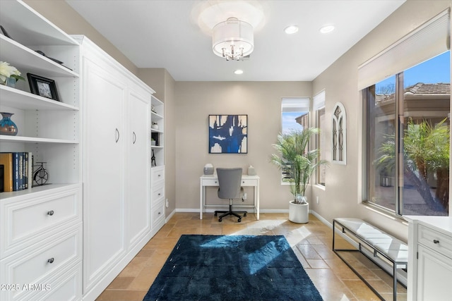 office area with recessed lighting, baseboards, and an inviting chandelier